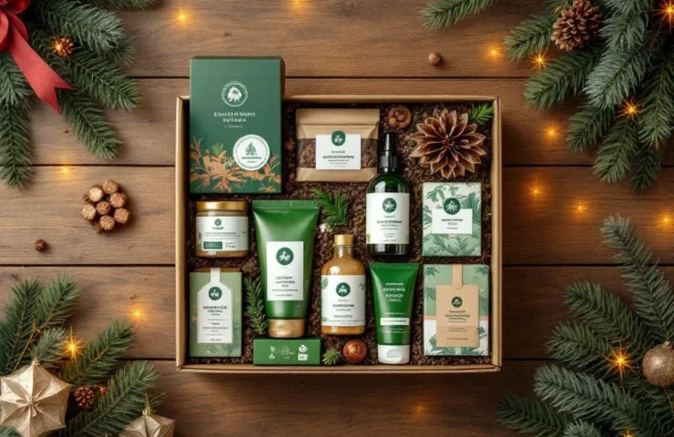 Duurzame kerstcadeaubox met biologische producten en eco-vriendelijke items op houten ondergrond met dennentakken
