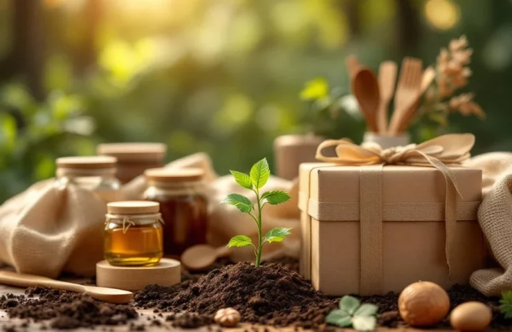 Duurzame kerstcadeaubox van gerecycled papier met eco-vriendelijke producten en bamboe bestek op natuurlijke achtergrond