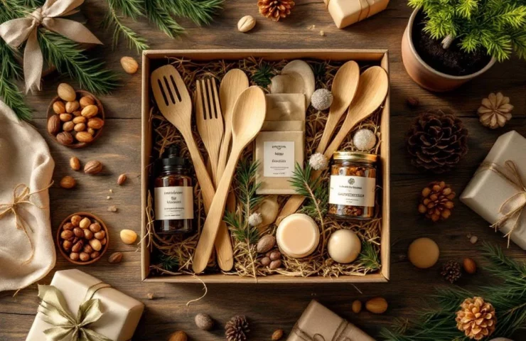 Duurzame kerstcadeaubox met bamboe bestek en biologische producten op rustieke houten tafel met dennentakken
