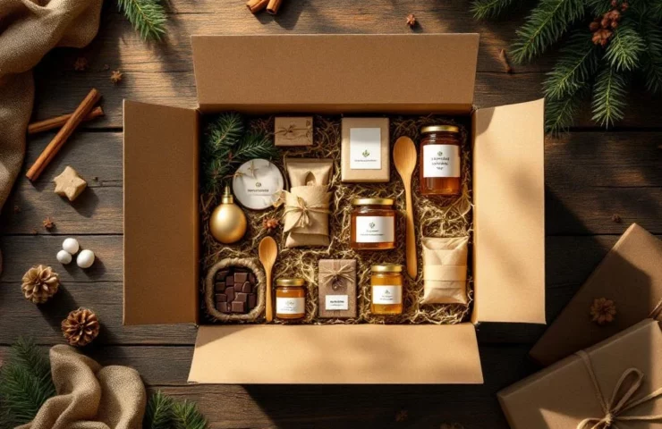 Duurzame kerstcadeaubox met eco-vriendelijke producten zoals honing, zeep en bamboe bestek op houten tafel