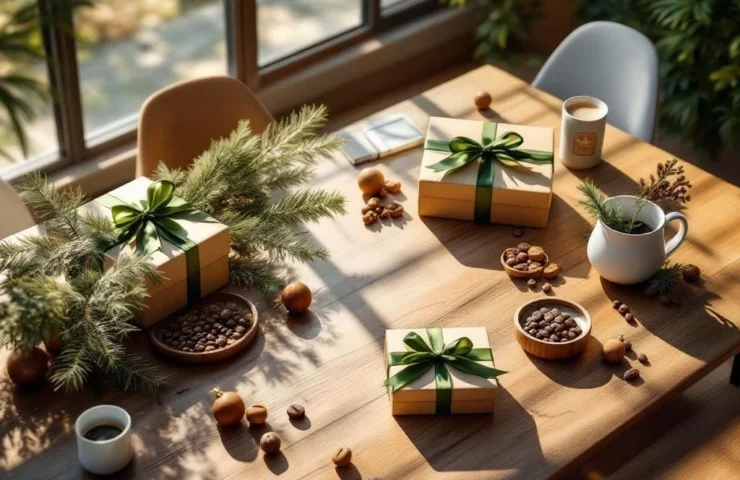 Luchtfoto van moderne bestuurskamer met duurzame kerstcadeaus in kraftpapier, dennentakken en eco-vriendelijke decoratie