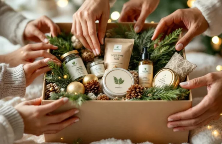 Diverse handen reiken naar duurzame kerstcadeaubox met biologische producten in warme gouden verlichting