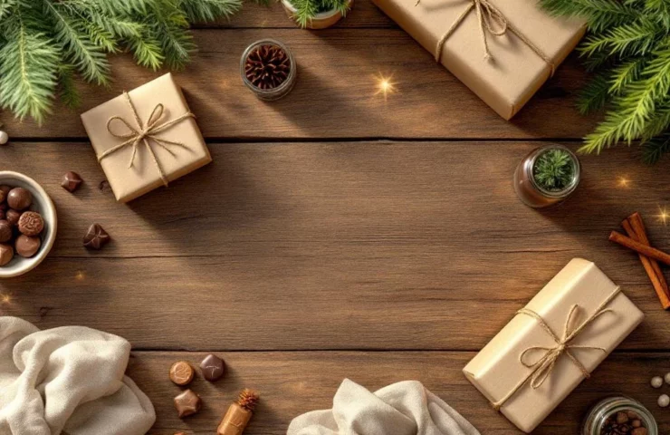 Houten bureau met duurzame kerstcadeaus in kraftpapier, bamboeproducten en dennensaplings in warme aardtinten