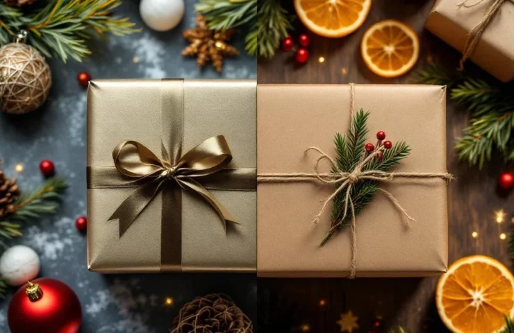 Vergelijking van traditionele kerstcadeau in glanzend papier versus duurzaam pakket in kraftpapier met natuurlijke decoratie