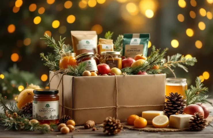 Kerstcadeau met biologische producten zoals honing, chocolade en zeep op houten tafel met dennentakken