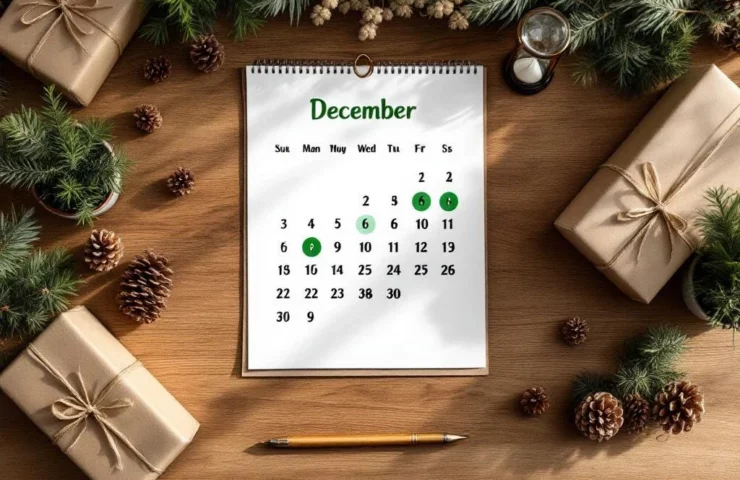 Houten bureau met december kalender, duurzame kerstcadeaus in kraftpapier, kleine kerstbomen en dennenappels
