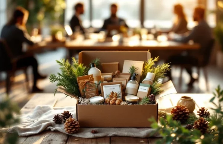 Duurzame kerstcadeaubox met eco-vriendelijke producten op houten tafel, omringd door dennentakjes en dennenappels