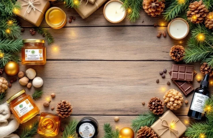 Duurzame kerstcadeaus op houten tafel: biologische honing, fairtrade chocolade, bamboe containers en natuurlijke verzorging