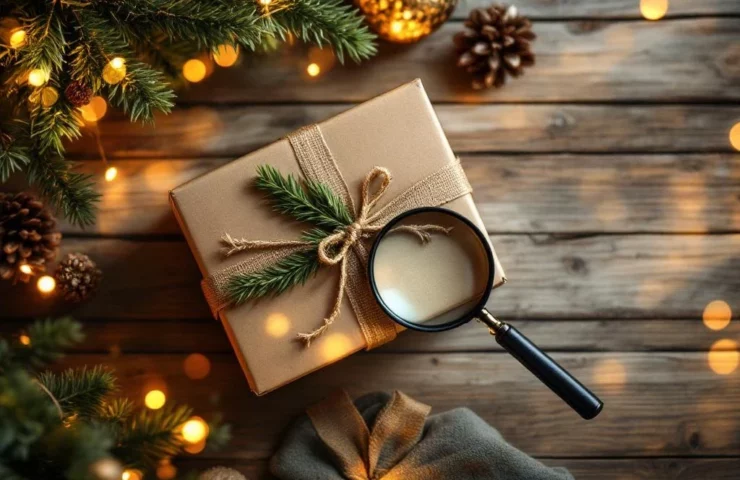 Duurzame kerstcadeaubox met biologische producten en eco-vriendelijke items op houten ondergrond met vergrootglas