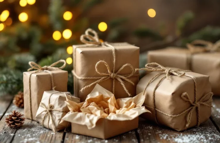 Eco-vriendelijke kerstcadeaus in kraftpapier met henneptouwen op houten tafel, één lege doos toont teleurstelling