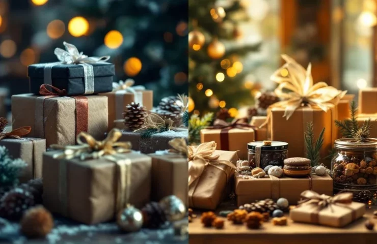 Split-screen vergelijking: traditionele plastic kerstcadeaus links versus duurzame eco-vriendelijke geschenken rechts