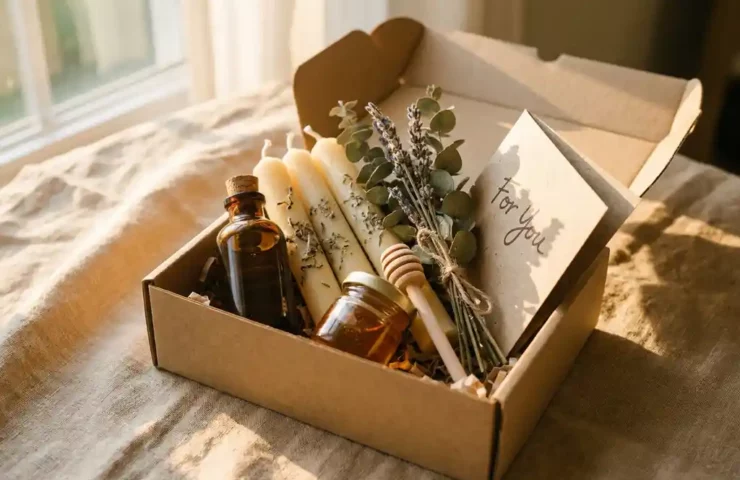 Open geschenkdoos met handgemaakte kaarsen, honingpotje, glazen flesje en gedroogde botanicals op linnen ondergrond in warm goudkleurig licht.