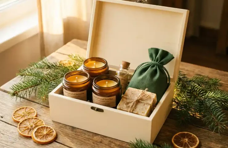 Ambachtelijke geschenkdoos met kaarsen, glazen fles, natuurlijke zeep en linnen zakje op rustiek houten tafel, versierd met dennentakjes en gedroogde sinaasappelschijfjes.