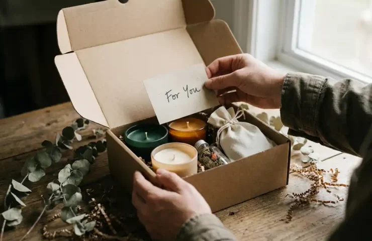 Handen die een handgeschreven kaartje in een kraft cadeaudoos leggen met ambachtelijke kaarsen, glazen flesje en linnen zakje, omringd door droogbloemen.