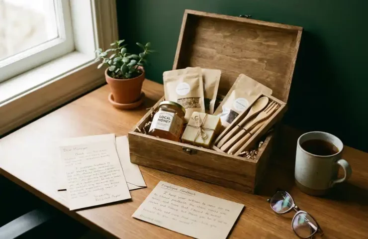 HR-manager bureau met open duurzame geschenkdoos met ambachtelijke producten, lokale honing, natuurlijke zeep en bamboe bestek, omringd door feedbacknotities.