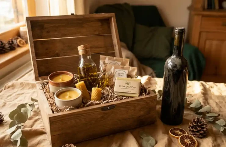 Duurzame cadeaubox met handgemaakte kaarsen, natuurlijke zeep en biologische producten op linnen ondergrond, gedroogde botanicals en zachte gouden zijlicht.