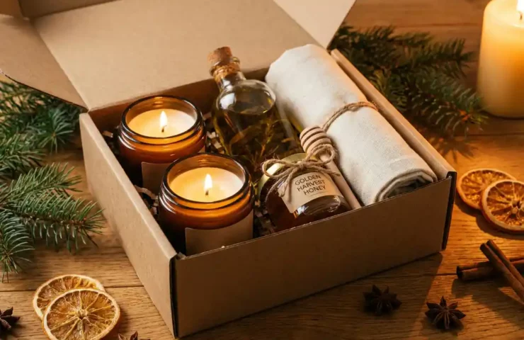Open duurzame cadeaudoos op eiken tafel met handgemaakte kaarsen, honing, glazen fles en linnen doek, versierd met dennentakjes en gedroogde sinaasappelschijfjes.