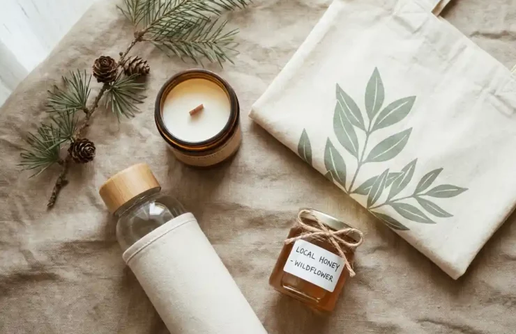 Duurzame cadeaus op linnen ondergrond: handgemaakte kaars, glazen waterfles, lokale honing en katoenen tas met dennentakje.
