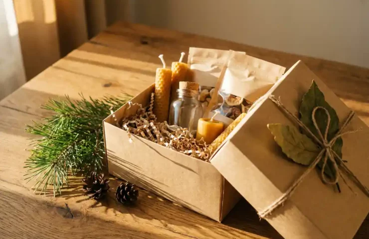 Open duurzame cadeaudoos op eiken tafel met ambachtelijke kaarsen, glazen fles en biologische snacks in kraft papier, versierd met dennentakje.