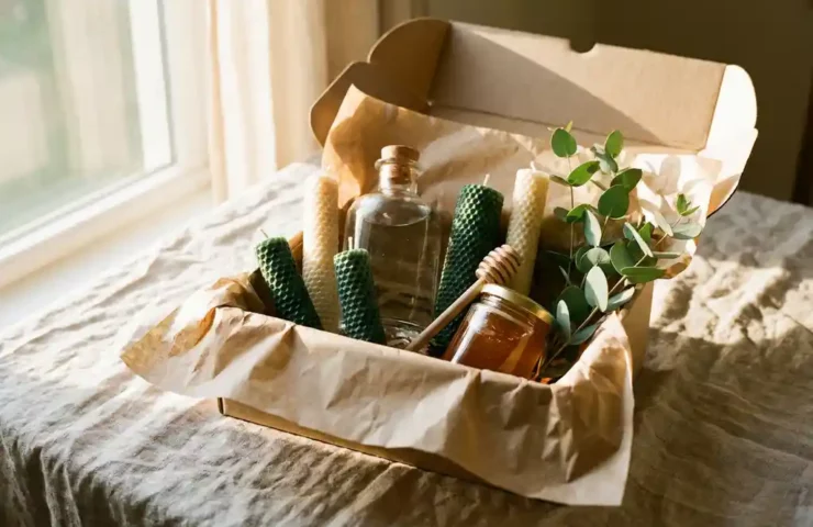 Open duurzame cadeaubox met handgemaakte kaarsen, glazen fles, ambachtelijke honingpot en groen plantje op rustiek linnen tafelkleed.