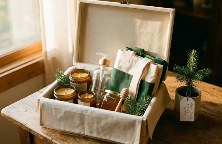 Open duurzame geschenkdoos met handgemaakte kaarsen, honigglas, glazen fles en katoenen tas, versierd met dennentakjes en een klein potplantje.