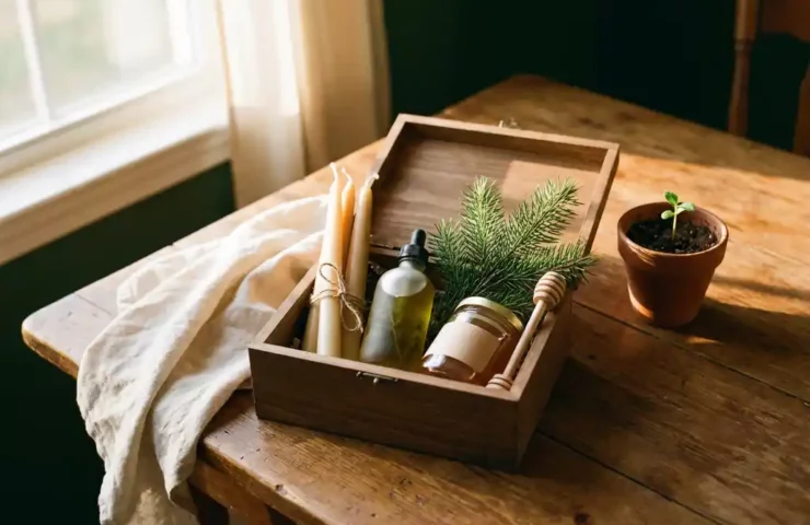 Open duurzame cadeaudoos met handgemaakte kaarsen, honigglas en dennentakje op houten tafel, naast een klein potplantje.