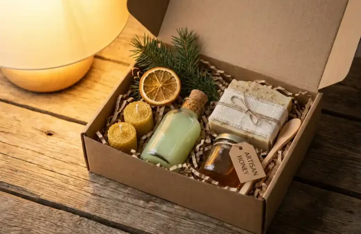 Open duurzame cadeaudoos met handgemaakte kaarsen, glazen fles, natuurlijke zeep en ambachtelijke honingpot in kraftpapier, versierd met dennentak en gedroogde sinaasappel.