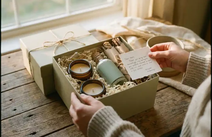 Handen plaatsen een handgeschreven kaart naast een duurzame geschenkdoos met ambachtelijke kaarsen, glazen fles en biologische lekkernijen in kraftpapier.