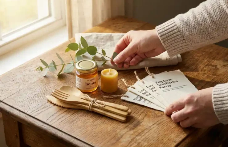 Handen van een inkooopmanager die duurzame cadeaus rangschikt: honing, kaars, bamboe bestek en groen takje, met medewerkerstevredenheidskaarten op een eikenhouten bureau.