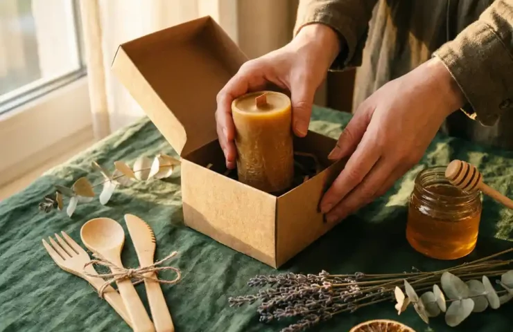 Handen die een handgemaakte kaars in een kraft papieren geschenkdoos plaatsen, naast bamboe bestek, honing en gedroogde botanicals op linnen.
