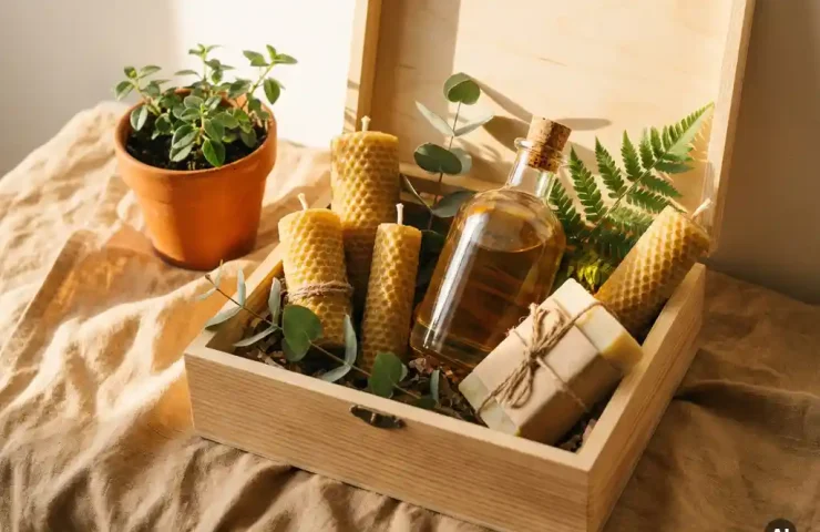 Ambachtelijke cadeaudoos met handgemaakte kaarsen, glazen fles en natuurlijke zeep op linnen ondergrond, zachte ochtendlicht.