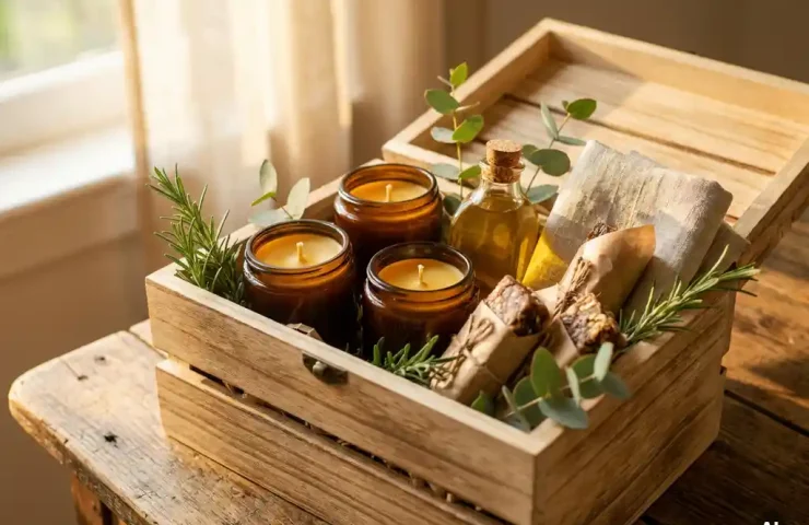 Ambachtelijk gevulde geschenkdoos met handgemaakte kaarsen, glazen fles en biologische producten op houten ondergrond, warm zijlicht.