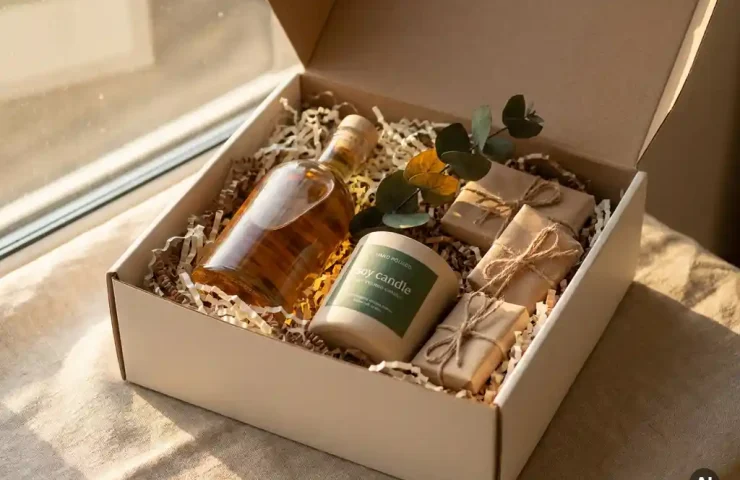 Open cadeaudoos met glazen flesje, handgemaakte kaars en kraft-verpakte items in natuurlijke papieren vulling, warme crème en bosgroene tinten.