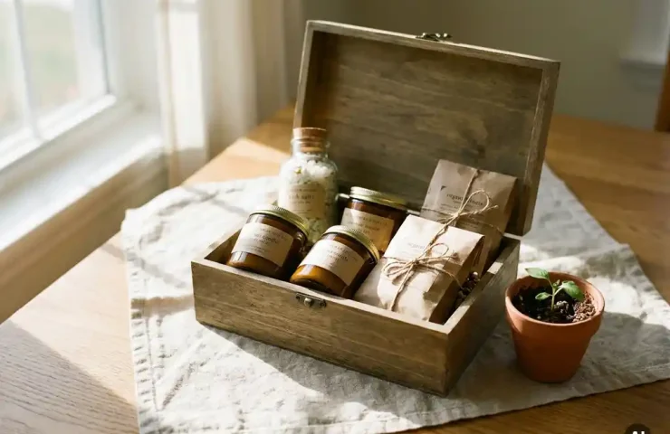 Open cadeaudoos met ambachtelijke kaarsen, glazen fles en biologische lekkernijen op eiken tafel, naast terracotta pot met groen plantje.