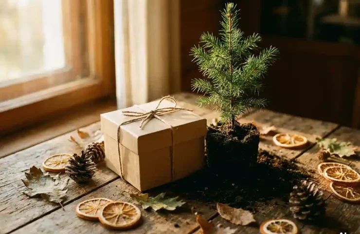 Kraftpapieren cadeaudoos met touwstrik naast een vers geplant boompje, omringd door dennenappels en gedroogde sinaasappelschijfjes op verweerd hout.