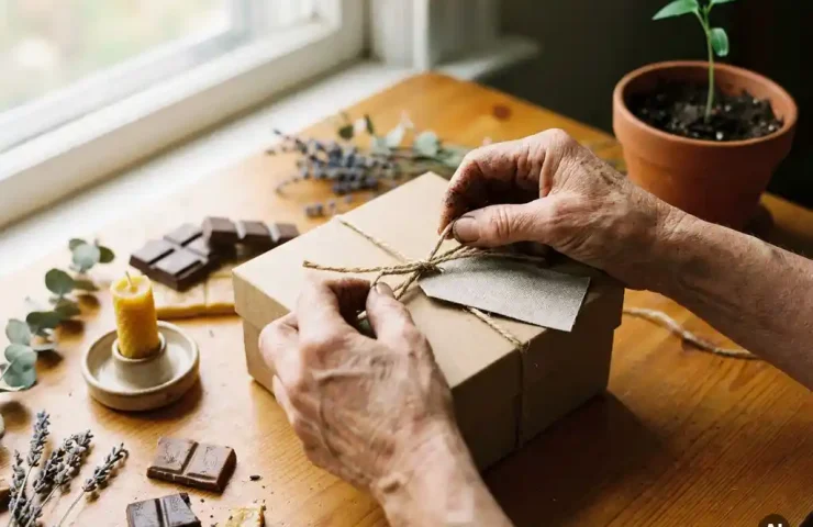 Verweerde handen wikkelen een linnen cadeaudoos, omringd door fairtrade chocolade, een handgemaakte kaars en gedroogde botanicals op een houten ondergrond.