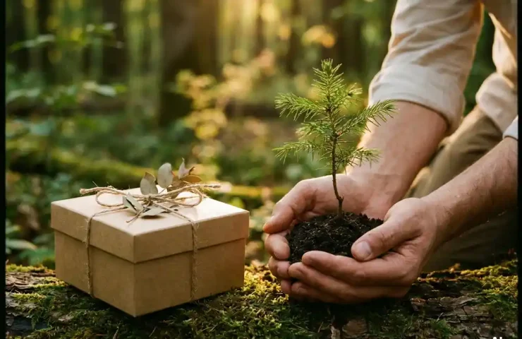 Handen die een klein boompje in donkere aarde vasthouden, naast een duurzaam ingepakt cadeau op een met mos bedekt houten oppervlak.