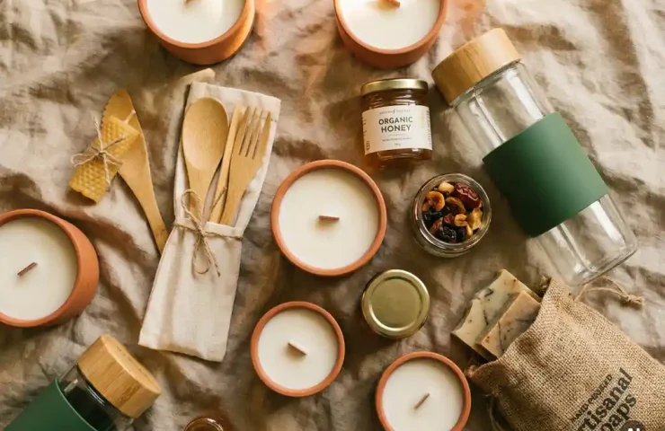 Duurzame cadeaus op linnen ondergrond: artisanale kaarsen, bamboegerei, biologische snacks en glazen fles in terracotta en groen.