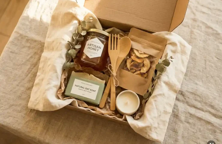 Open cadeaudoos met duurzame cadeaus: ambachtelijke honing, zeep, bamboegerei, biologische snacks en kaars op linnen ondergrond.