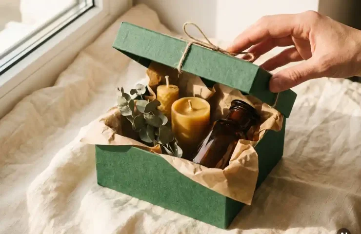 Halfgeopende duurzame cadeaudoos met handgemaakte kaarsen, glazen fles en kraft papier, versierd met droog eucalyptus takje.