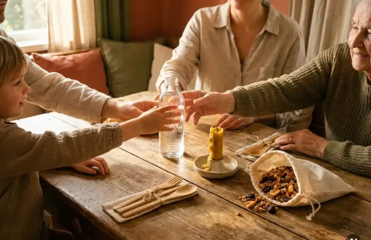 Multigenerationeel gezin rond rustieke houten tafel met duurzame cadeaus: bamboe bestek, glazen fles, handgemaakte kaars en biologische lekkernijen.