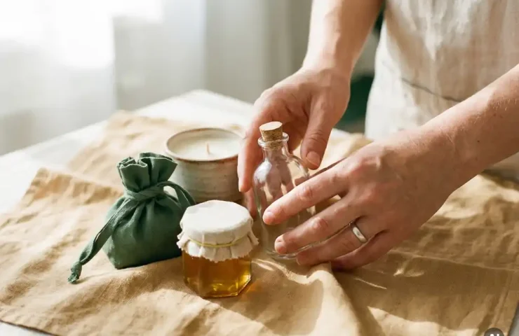 Handen die duurzame cadeauartikelen rangschikken op linnen: glazen fles, handgemaakte kaars, honingpotje en katoenen zakje.