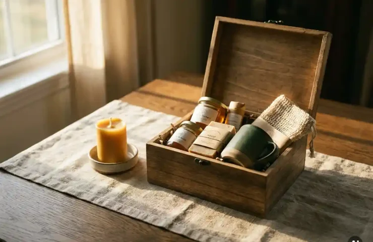 Open duurzame cadeaudoos met ambachtelijke producten op eikenhouten tafel, naast een bijenwaskaars op natuurlijk linnen, warm goudgeel licht.
