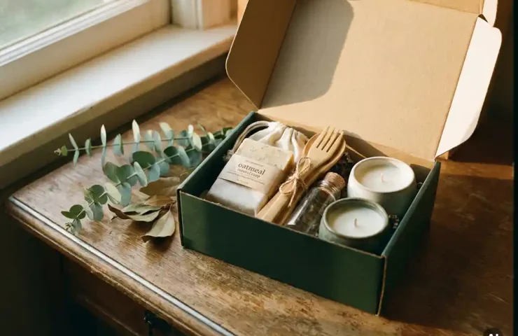 Open duurzame cadeaudoos met natuurlijke zeep, bamboe bestek, glazen fles en ambachtelijke kaarsen op houten bureau.