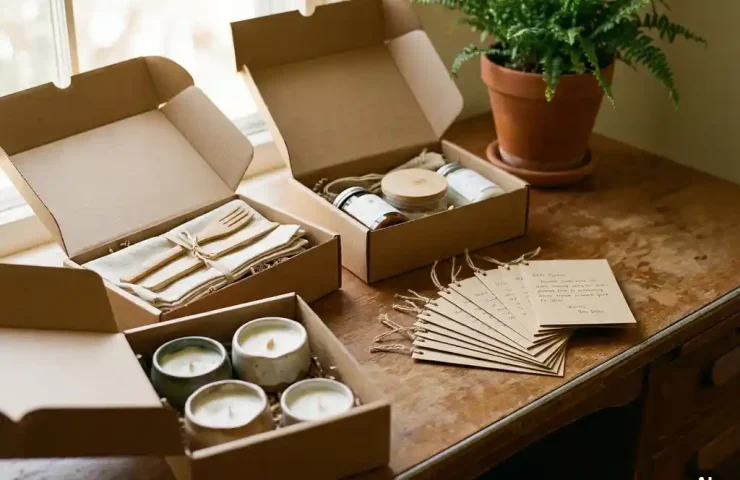 Houten bureau met open kraftpapieren geschenkdozen gevuld met bamboe bestek, glazen flessen en handgemaakte kaarsen, verlicht door warm natuurlijk raamlicht.