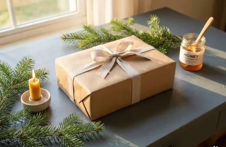 Kraftpapieren cadeaudoos met linten strik, omringd door dennentakjes, bijenwaskaars en glazen honingpot op leisteen bureau.